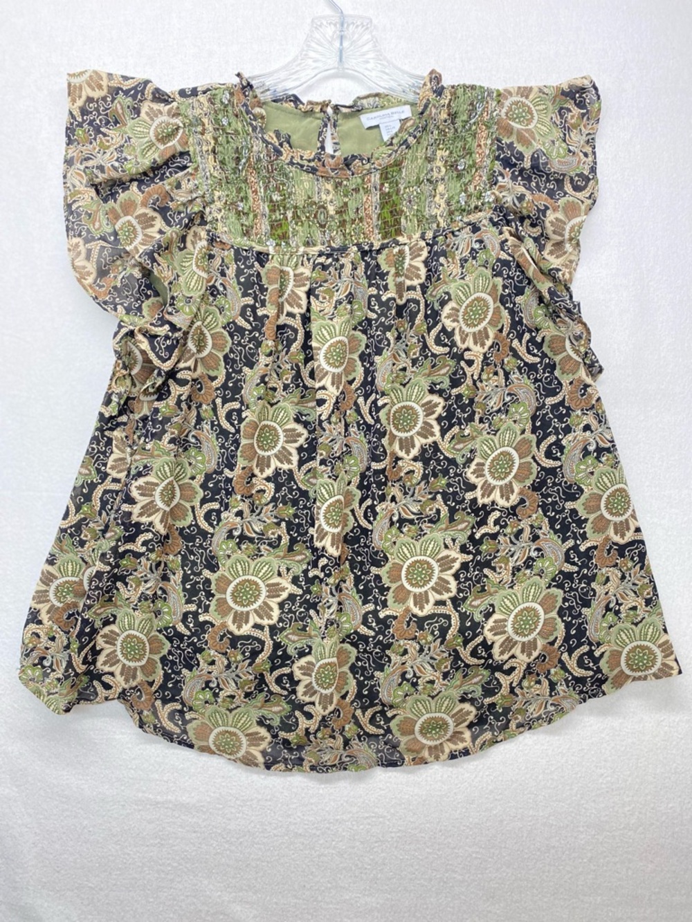 Carolina Belle Floral Paisley Smocked Ruffle Flutter Top Olive & Tan Cottagecore